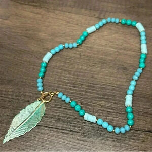 Teal And Gold Tone Beaded Necklace with Feather Pendant